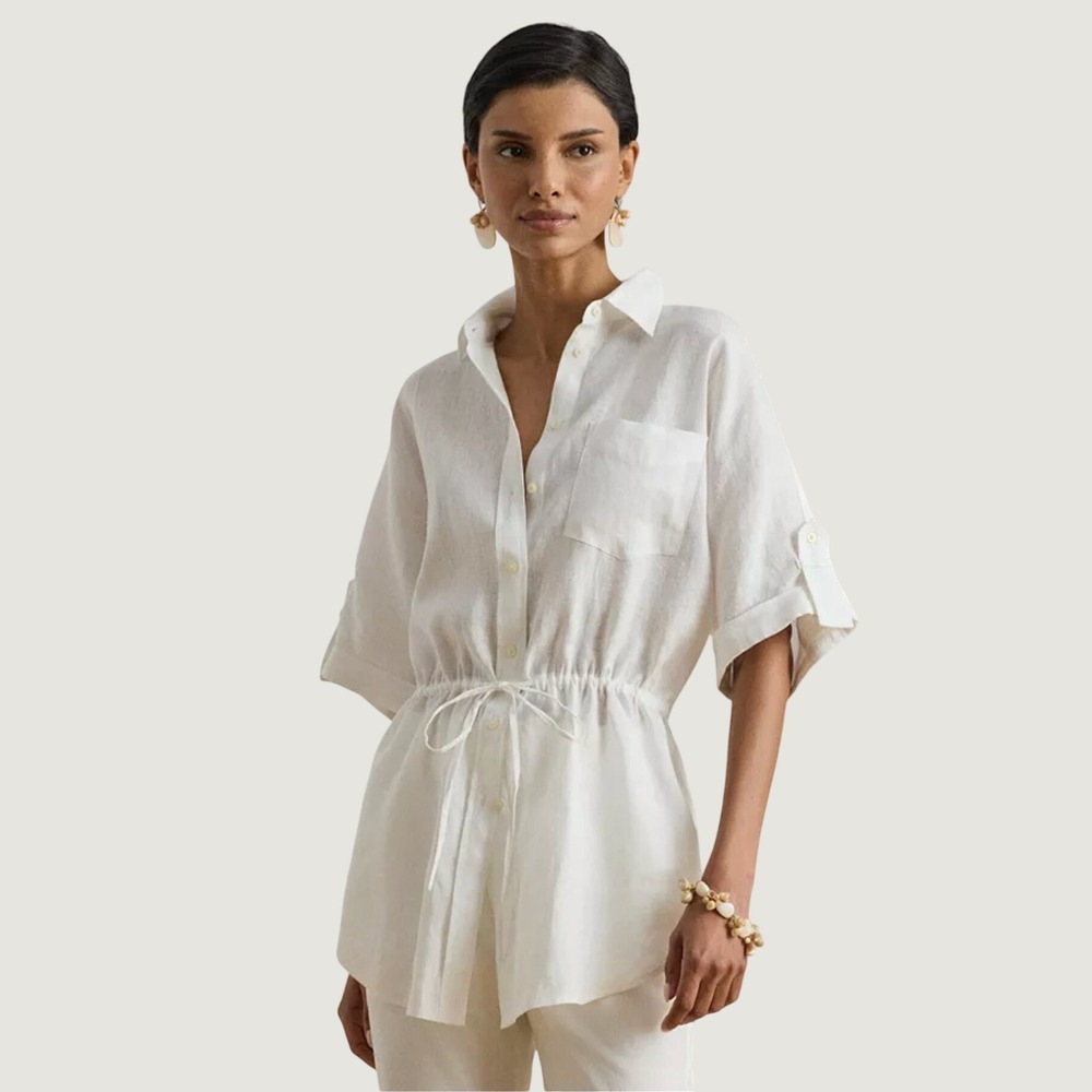 Lauren Ralph Lauren Button Down Shirt Womens Large White Linen Drawstring Waist